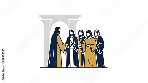 Stylized illustration of a central robed figure conversing with four other robed men beneath an archway