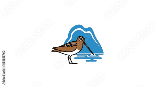 Stylized illustration of a brown shorebird with a long beak standing in blue water against a wavy background