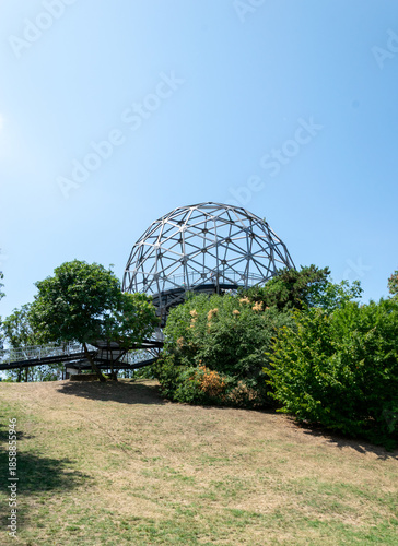 Modern dome bridge in the park. Dome over Lake Balaton, Hungary.