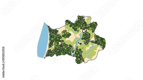 Stylized map illustration depicting a coastal area with lush green trees, winding rivers, and sandy beaches