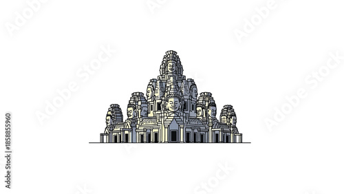 Stylized illustration of an ancient temple with multiple stone faces carved into its towering spires