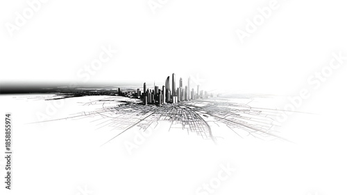 Stylized monochrome aerial view of a sprawling metropolis with tall buildings and road networks