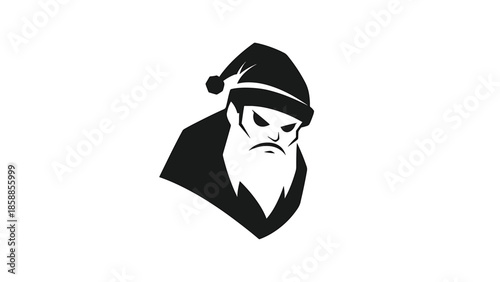 Stylized monochrome illustration of a stern, bearded character wearing a pointed hat with a pompom