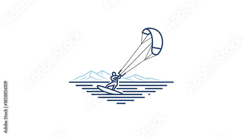 Stylized outline illustration of a person kitesurfing on water with minimalist mountains in background