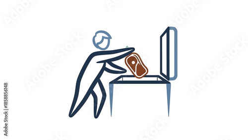 Stylized person icon placing a piece of meat (steak) into an open container or box on a white background