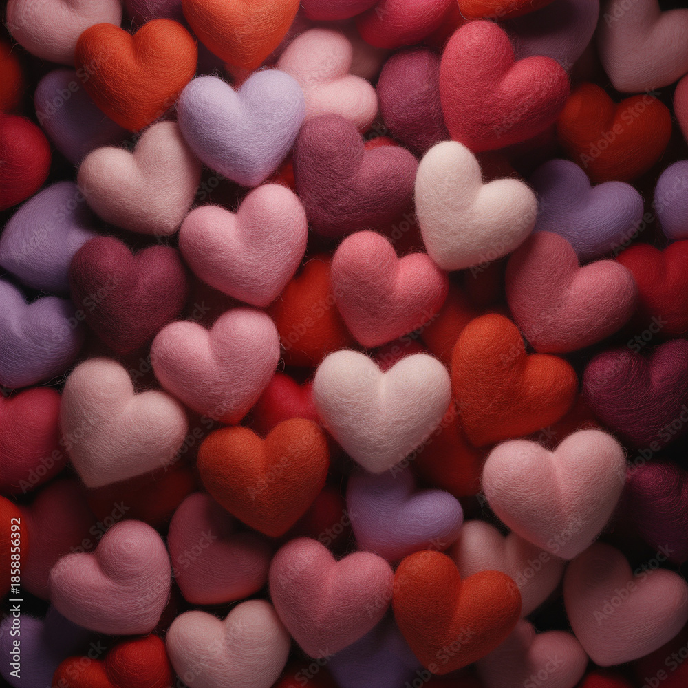 Obraz premium Many hearts in warm tones formed from wool by needle felting.