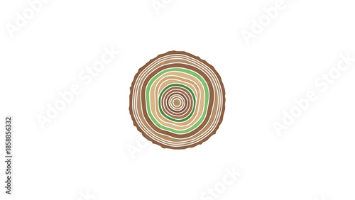 The image features a stylized cross-section of a tree trunk with concentric rings in natural earth tones and green
