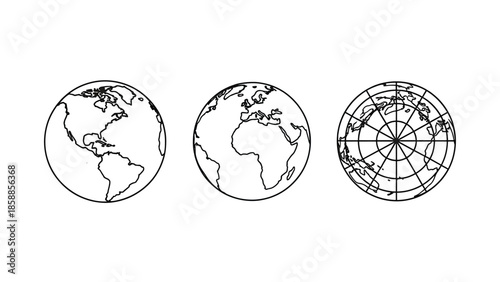 Three black outline globe icons on a white background, showing continents and grid lines