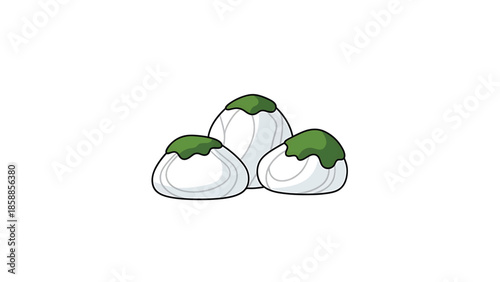 Three cartoonish white dumplings with green tops, outlined in black, against a clean white background