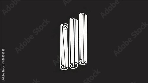 Stylized white cinnamon sticks with curled ends standing vertically on a minimalist dark grey background