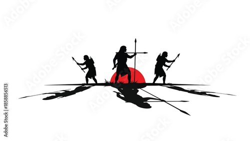 Three silhouetted ancient warriors with spears and bows stand against a red sun, reflected below