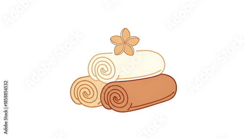 Three rolled towels in earthy tones, neatly stacked with a delicate flower on top, suggesting spa comfort