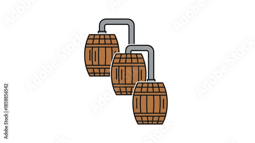 Three simple brown cartoon wooden barrels, connected by grey pipes, on a clean white background