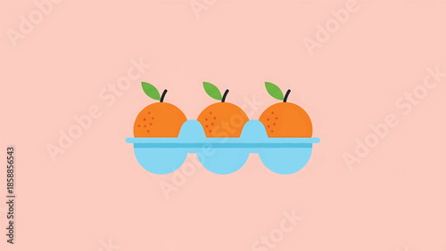 Three stylized oranges with green leaves in a light blue tray on a pastel pink background