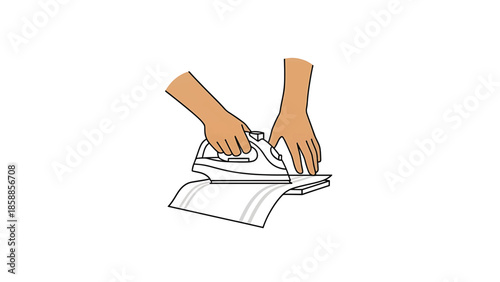Two hands ironing a white garment with a classic iron on an ironing board, vector illustration
