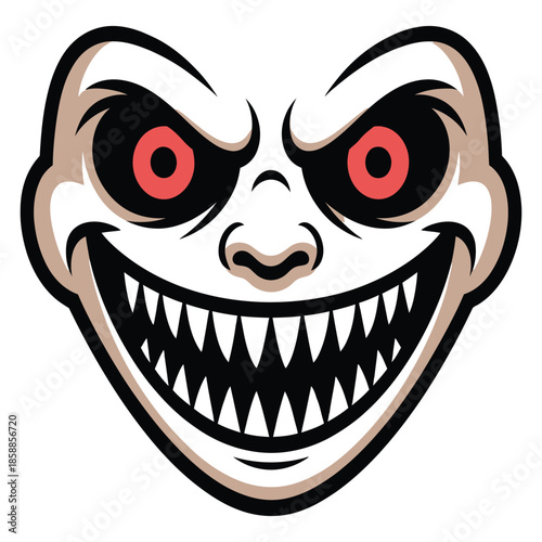 Creepy smiling face with demonic grin and black eyes in vector illustration with spooky character face and dark grimace for halloween scary
