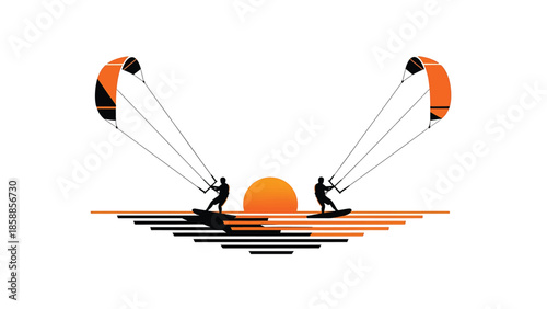 Two kitesurfers silhouette against an orange sunset over stylized black and orange ocean stripes