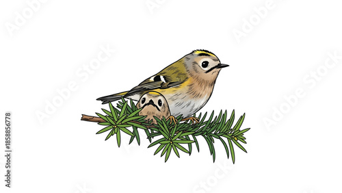 Two small, colorful birds with yellow heads on a green coniferous branch against a white background