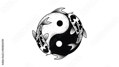 Two stylized black and white koi fish form a traditional yin-yang symbol in an artistic illustration