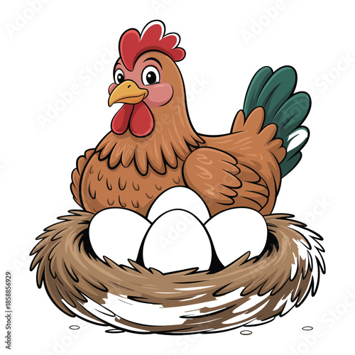 Hen in nest with eggs illustration of hen sitting hen farm and poultry in agriculture laying eggs for fresh organic chicken and rooster breeds
