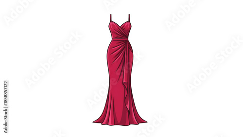 Vibrant red long gown illustration with spaghetti straps, sweetheart neckline, and elegant draped detailing