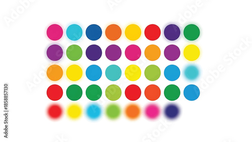 Vibrant rows of colorful circular dots with soft glow effect, arranged symmetrically on a white background