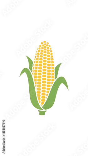 Vibrant, stylized illustration of an ear of corn with bright yellow kernels and green husks on white background