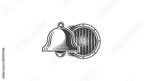 Vintage-style black and white illustration of a bell with a circular grille behind it, creating a dynamic feel