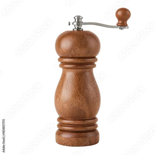 Wooden Pepper Mill on a White Background for Kitchen Use and Cooking Preparation