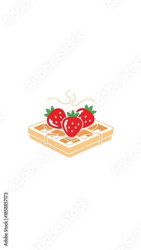 Warm waffle with three fresh red strawberries and golden syrup drizzled over it, emitting gentle steam