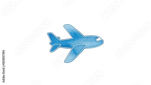 Watercolor blue airplane illustration on a white background, representing travel and aviation