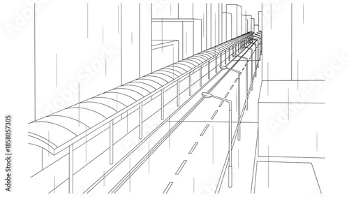 Wireframe drawing of a modern cityscape with a covered walkway, street, and tall buildings