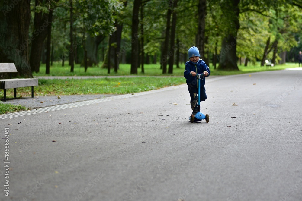 Fototapeta premium Happy toddler riding a scooter on a forest park path. Child enjoying active outdoor play, balance training and healthy lifestyle surrounded by trees and peaceful natural environment.