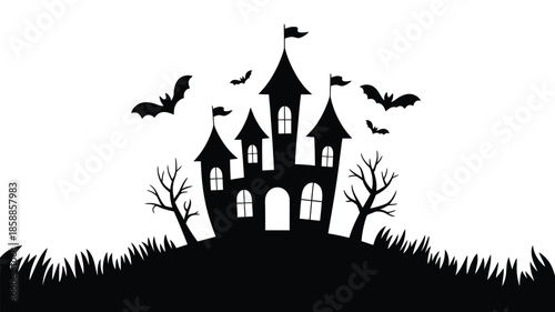 Spooky black silhouette of haunted castle with bats flying around