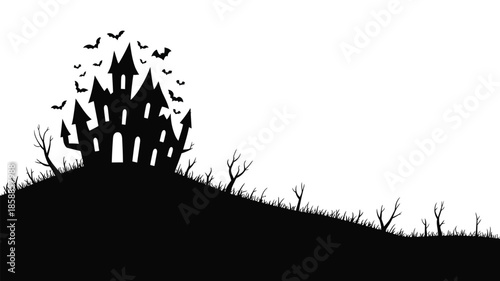 Spooky black silhouette of a haunted castle on a hill with bats