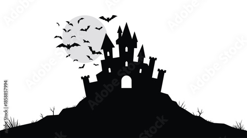 Spooky castle silhouette with bats flying under full moon at night