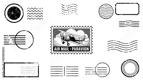 Vintage Air Mail Stamp with Biplane in Monochrome Distressed Texture for Postage Design