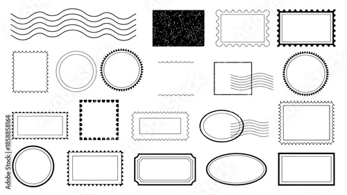 Set of various blank frames and borders in minimalist design with simple lines and shapes in black and white for graphic design