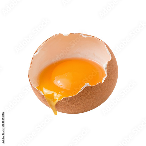 Broken Egg Reveals Yellow Yolk on White Background