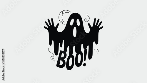 Spooky ghost saying boo with hands up in a halloween graphic