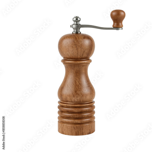 Wooden Pepper Mill on a White Background for Kitchen Use and Cooking Preparation