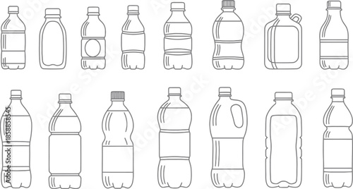 Line drawings of various plastic bottle shapes and sizes bottles water soda