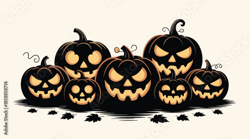 Spooky carved jack-o-lanterns gathered together for Halloween