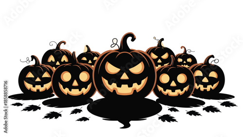 Spooky Halloween pumpkins with glowing eyes and sharp teeth arranged in a group