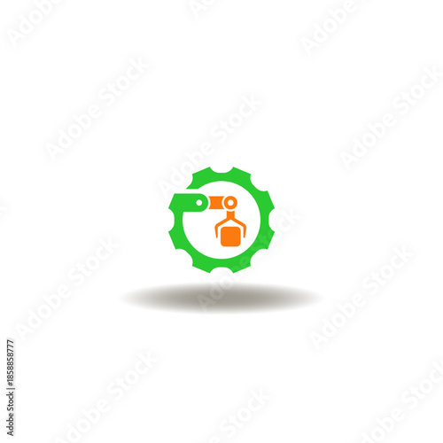 Vector illustration of gear wheel with robotic arm manipulator. Icon of production, industry. Symbol of industrial conveyor sorting.