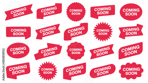 Coming soon stickers in various red shapes and sizes with white text on plain white background for promotional materials