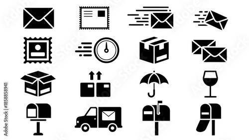 Black and white mail icons in simple flat design on white background for digital communication