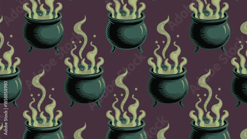 Whimsical witch cauldrons boiling with mystical green flames on dark background