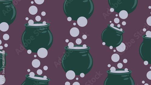 Whimsical dark green cauldrons bubbling with magic on purple
