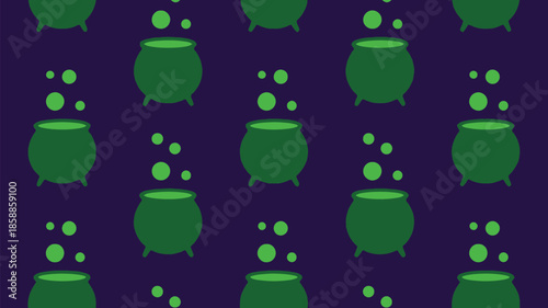 Magical green cauldrons bubbling on dark purple background for Halloween